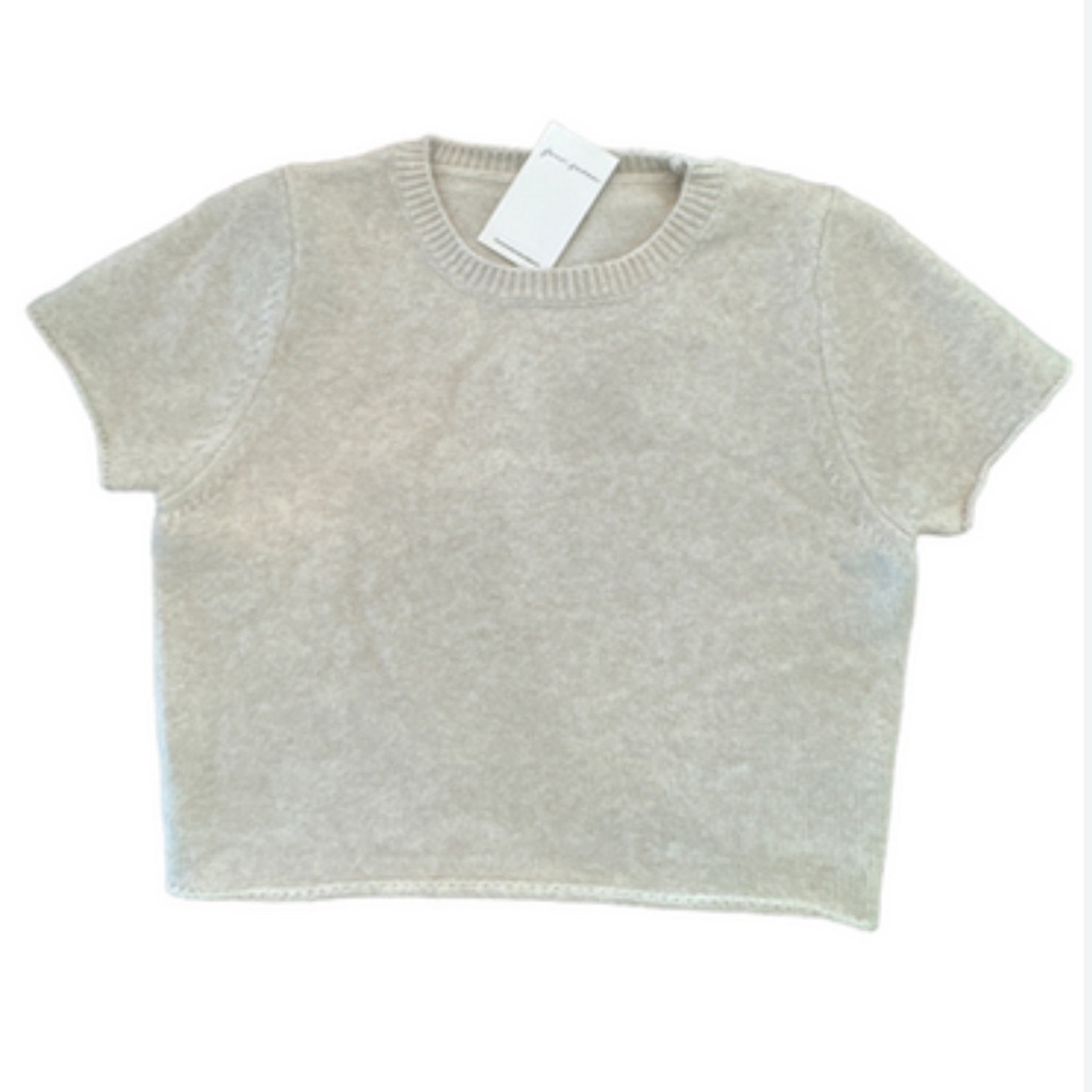 Cream Short Sleeve Tee with Boxy Cropped Cut